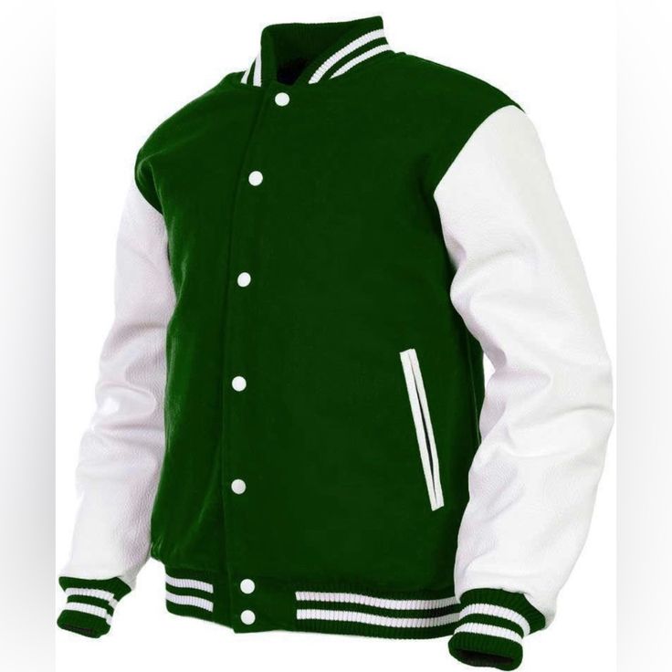 Mens Varsity Jacket Wool Body Leather Arm Clearance Sale _ Color_ Green _ Size_ L Green White Baseball Jacket